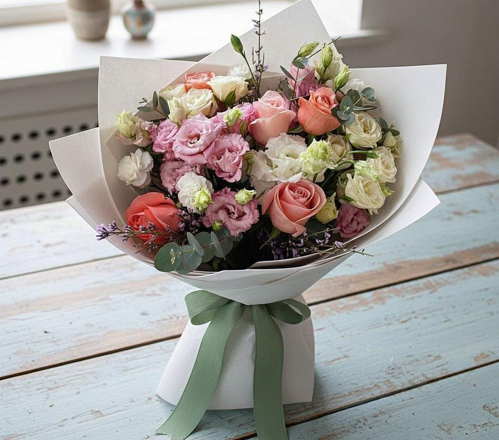 Букет цветов из: Розы, Лизиантусы и Гвоздики в Гиагинской