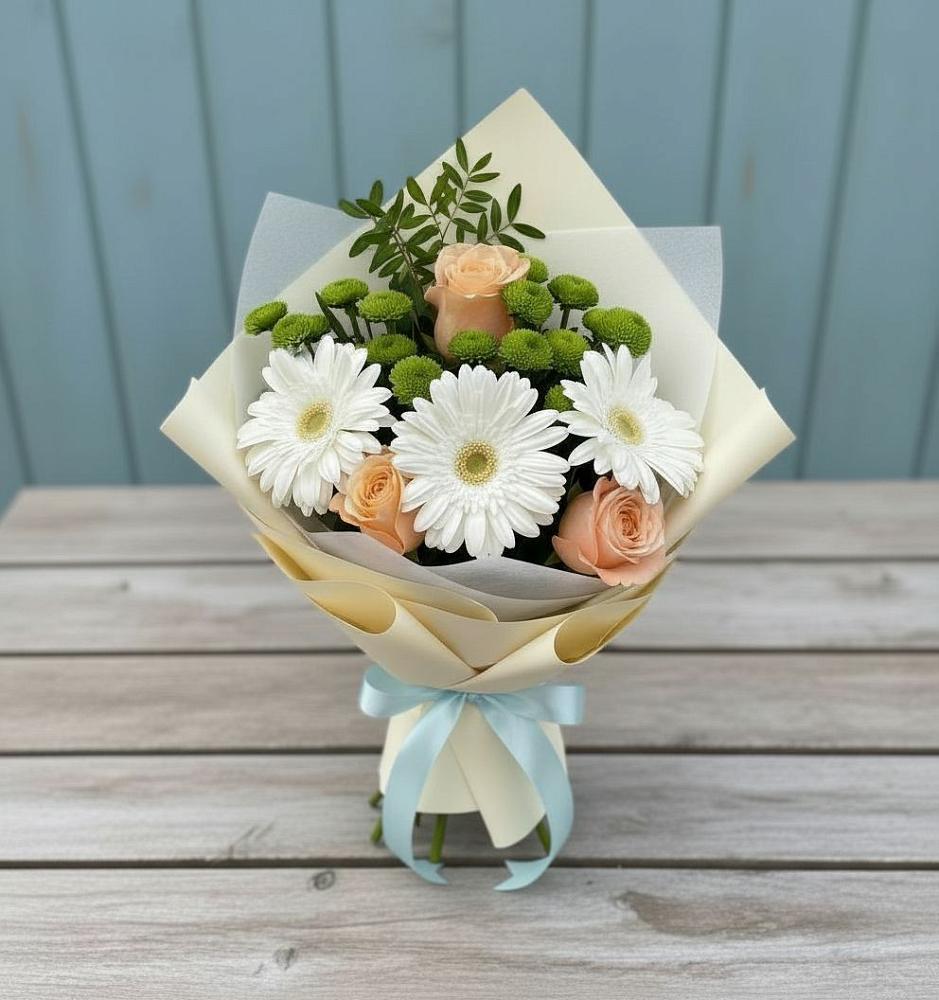 Букет цветов из: Герберы, Розы и Хризантемы в Гиагинской